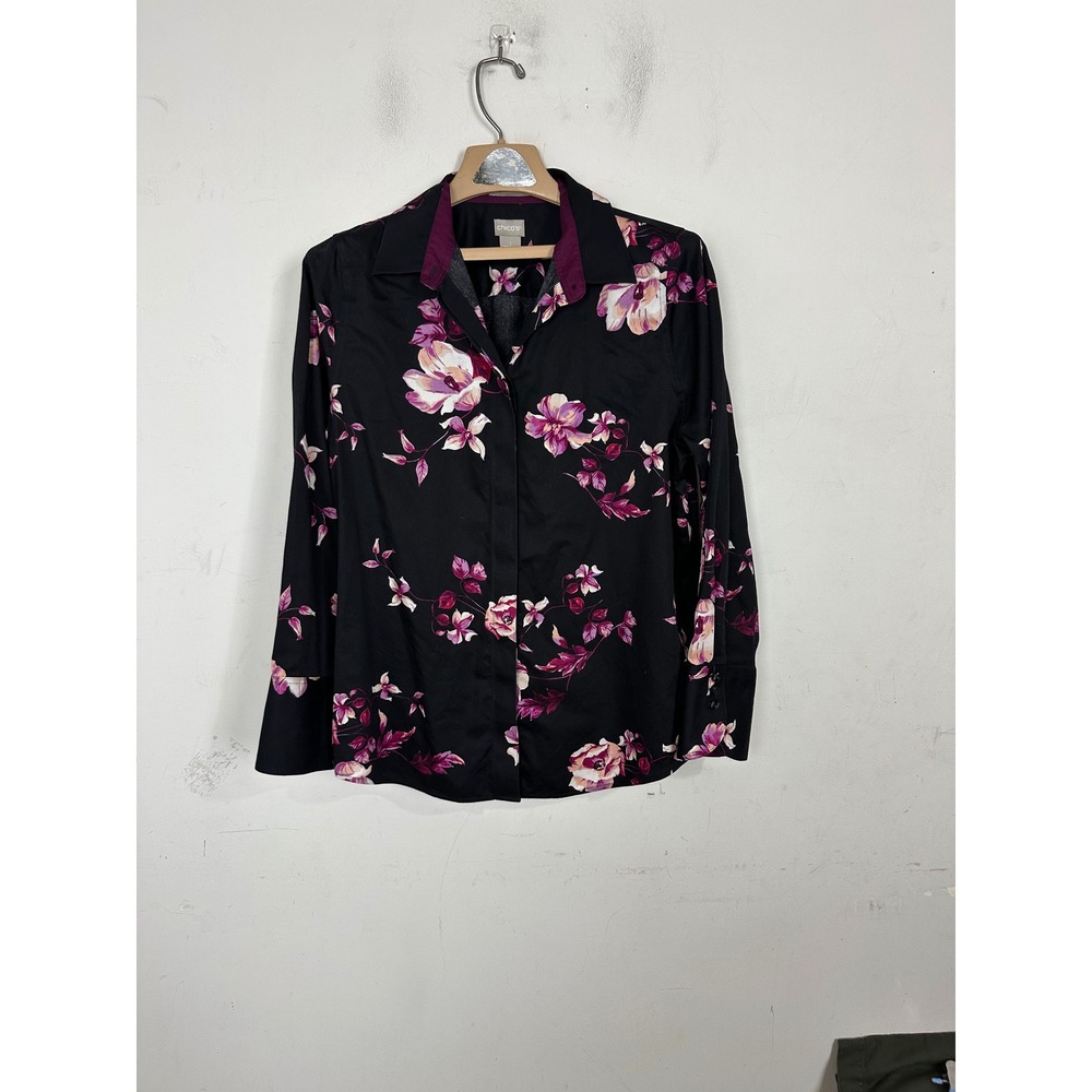 Chicos No Iron Floral Cotton Button Down Shirt Black Purple Pink Size 1 M 8 10